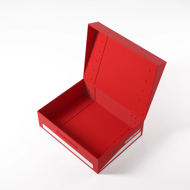 A photo of a red, plastic box with the lid open on a white background. The lid is open and the box is empty.