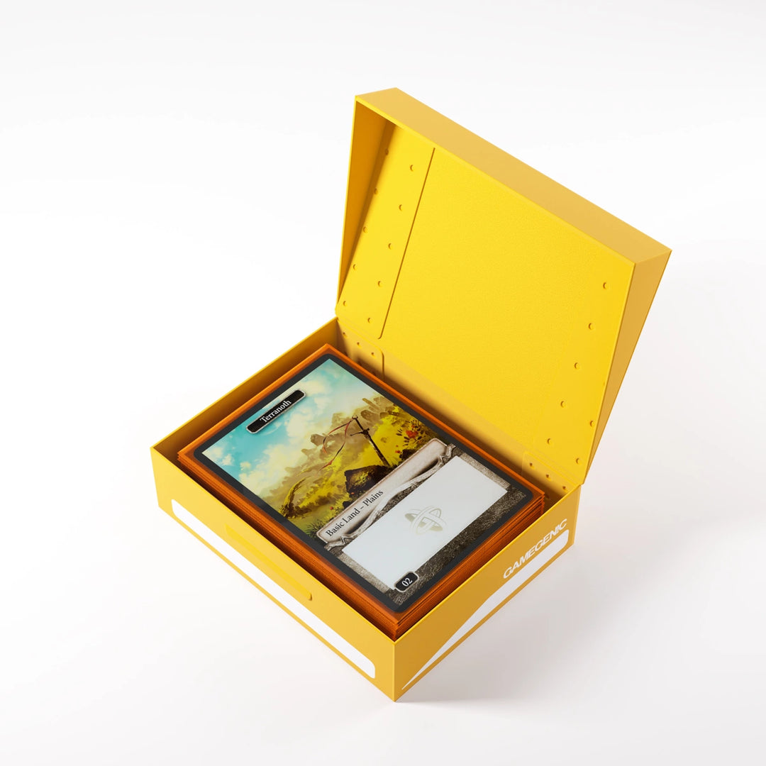 A photo of a yellow, plastic box with the lid open on a white background. The lid is open and the box is filled with cards.