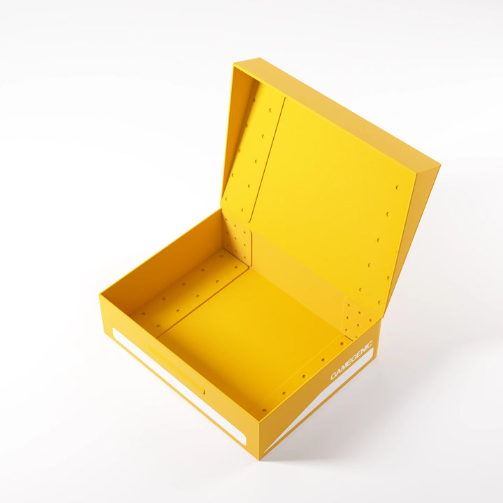 A photo of a yellow, plastic box with the lid open on a white background. The lid is open and the box is empty.