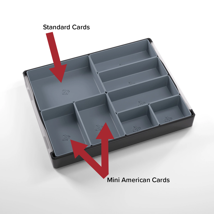 A photo of a black and gray container, with a variety of smaller, open-topped containers of different sizes inside. The lid is removed from the container and clipped to the bottom. Three of the internal sections are highlighted with arrows and labelled "Standard Cards" and "Mini American Cards".