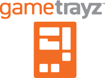 The logo and wordmark for the company Game Trayz: an orange rectangle with square and rectangular cutouts and the company name above it.