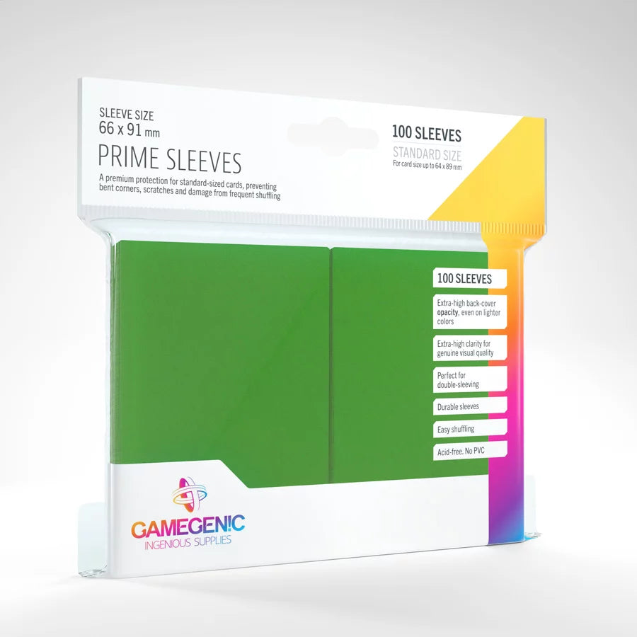 A set of green, plastic card sleeves in their original retail packaging on a white background.