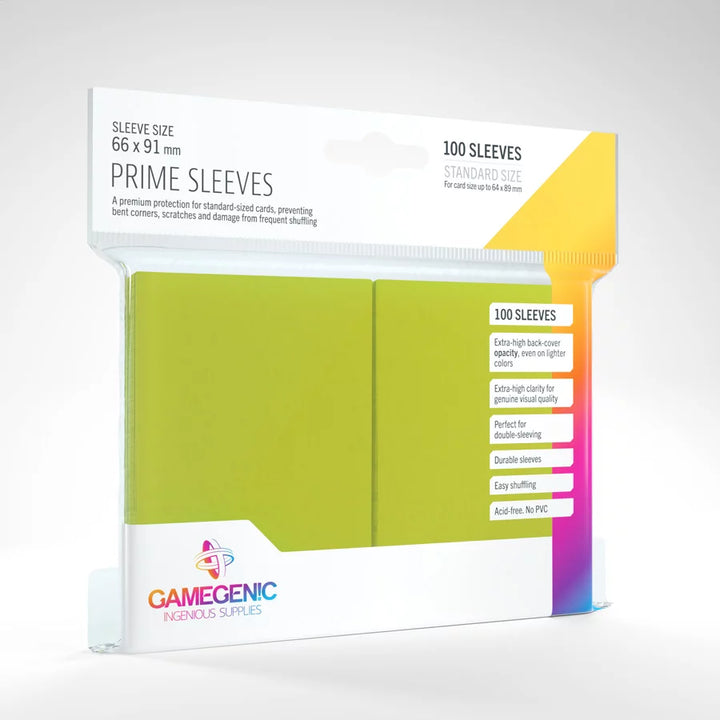 A set of lime, plastic card sleeves in their original retail packaging on a white background.