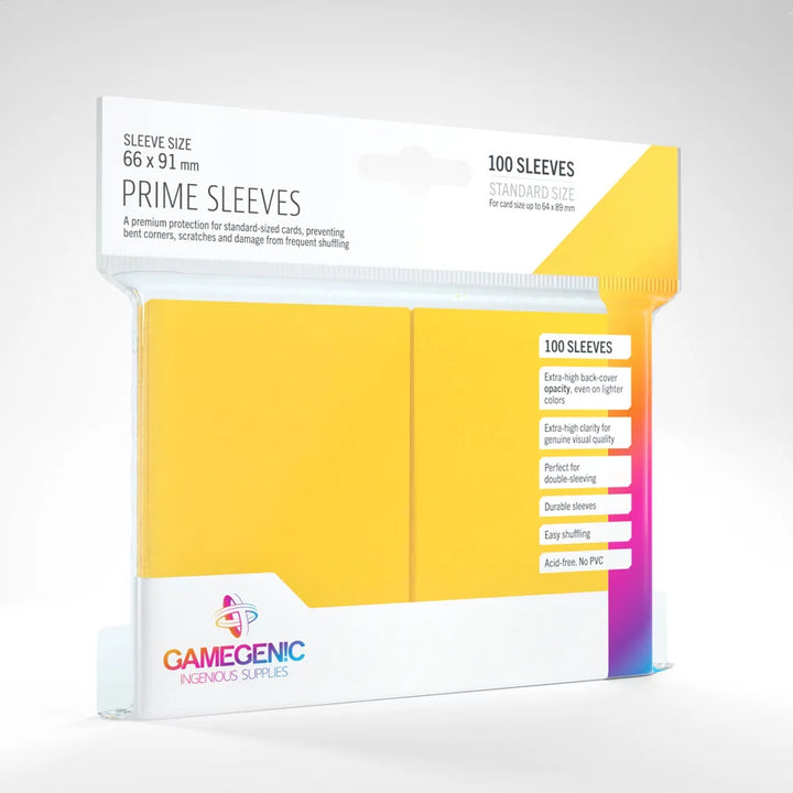 A set of yellow, plastic card sleeves in their original retail packaging on a white background.