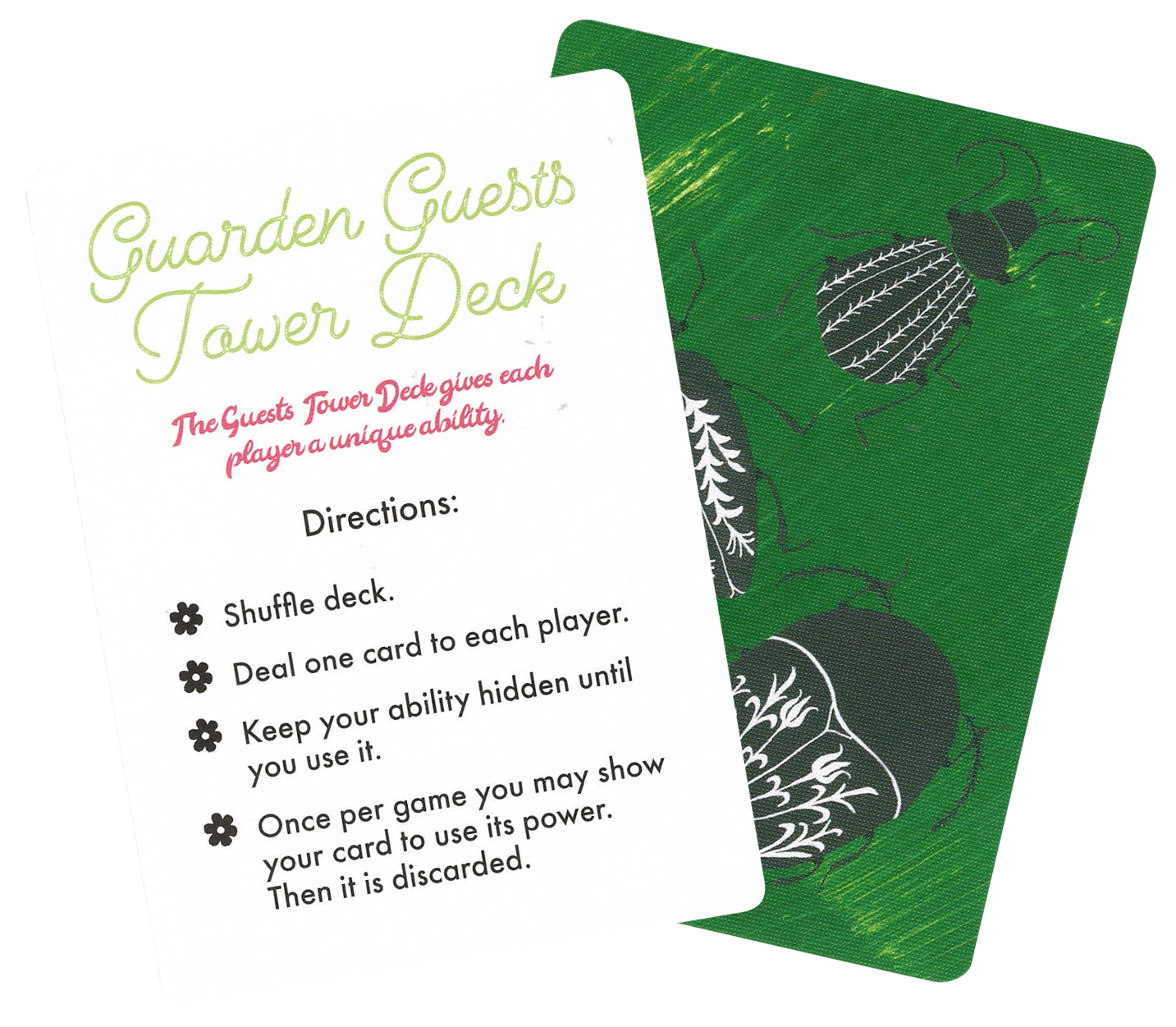 A photo of two promo cards, for use with the board game Garden Guests. The card on the left has the promo title and instructions on how to use the other cards. The card on the right is the illustration on the card's back, featuring illustrations of bugs on a textured green background.