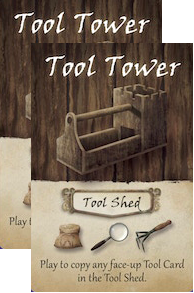 Two identical cards for use with the board game Genotype, featuring an illustration of a wooden tool tray with a tower on one end at the top, the card's title in the center, and symbols describing the card's ability in the game at the bottom.