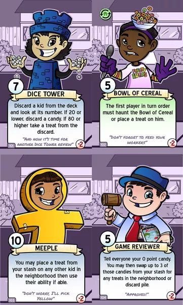 A set of four promo cards for use with the board game Ghosts Love Candy Too. Each card features a cartoon of a child in costume on the purple background, a title for the card in the middle, and text describing the card's ability in the game at the bottom.