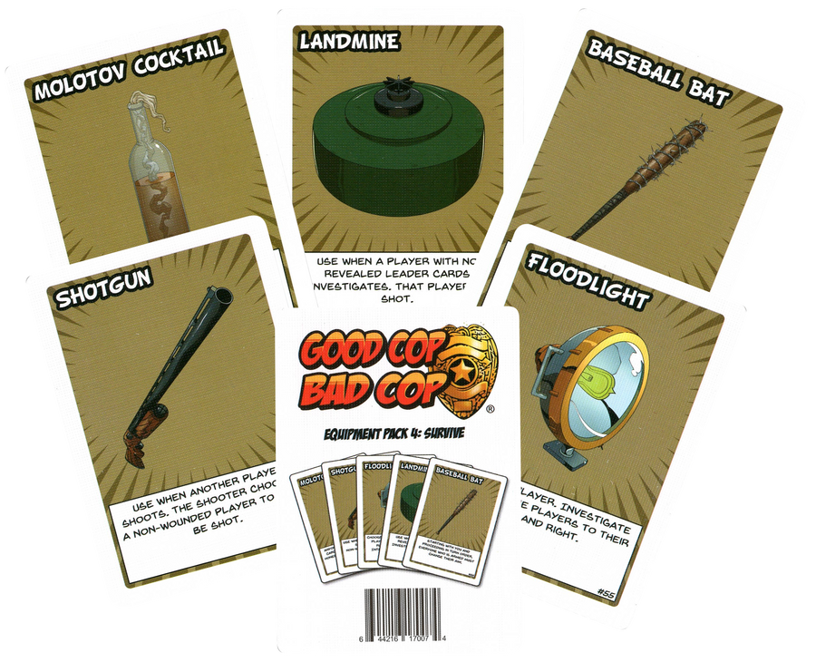 A composite photo of a set of cards from use with the board game Good Cop Bad Cop. The center center displays the title of the game and an overview image of the cards in this pack. The other cards are arrayed around the center, each displaying a single item on a khaki background with text at the bottom.