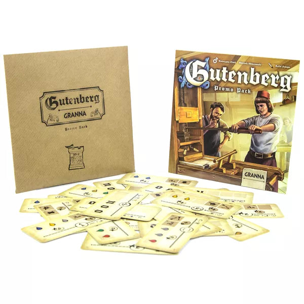 A photo of the promo for the board game Guntenberg, featuring a brown paper envelope, a square rule book with an illustration from the cover of the game, and a messy pile of promo cards in front.