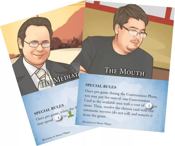 A set of two cards for use with the board game Hostage Negotiator. Both card have an illustration of a white man at the top, the title of the card in the center, and text describing the card's ability in the game at the bottom.