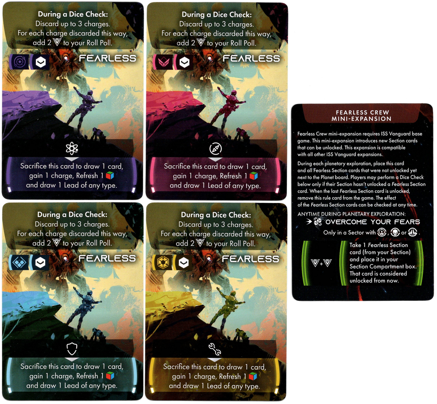 A set of five cards for use with the board game ISS Vanguard. Four of the cards feature the same illustration in different color schemes of a person holding their arms up in front of a large mechanical figure. The top and bottom of these player cards have text that describes the card's use in the game. The fifth card contains instructions to use these promo cards in ISS Vanguard.