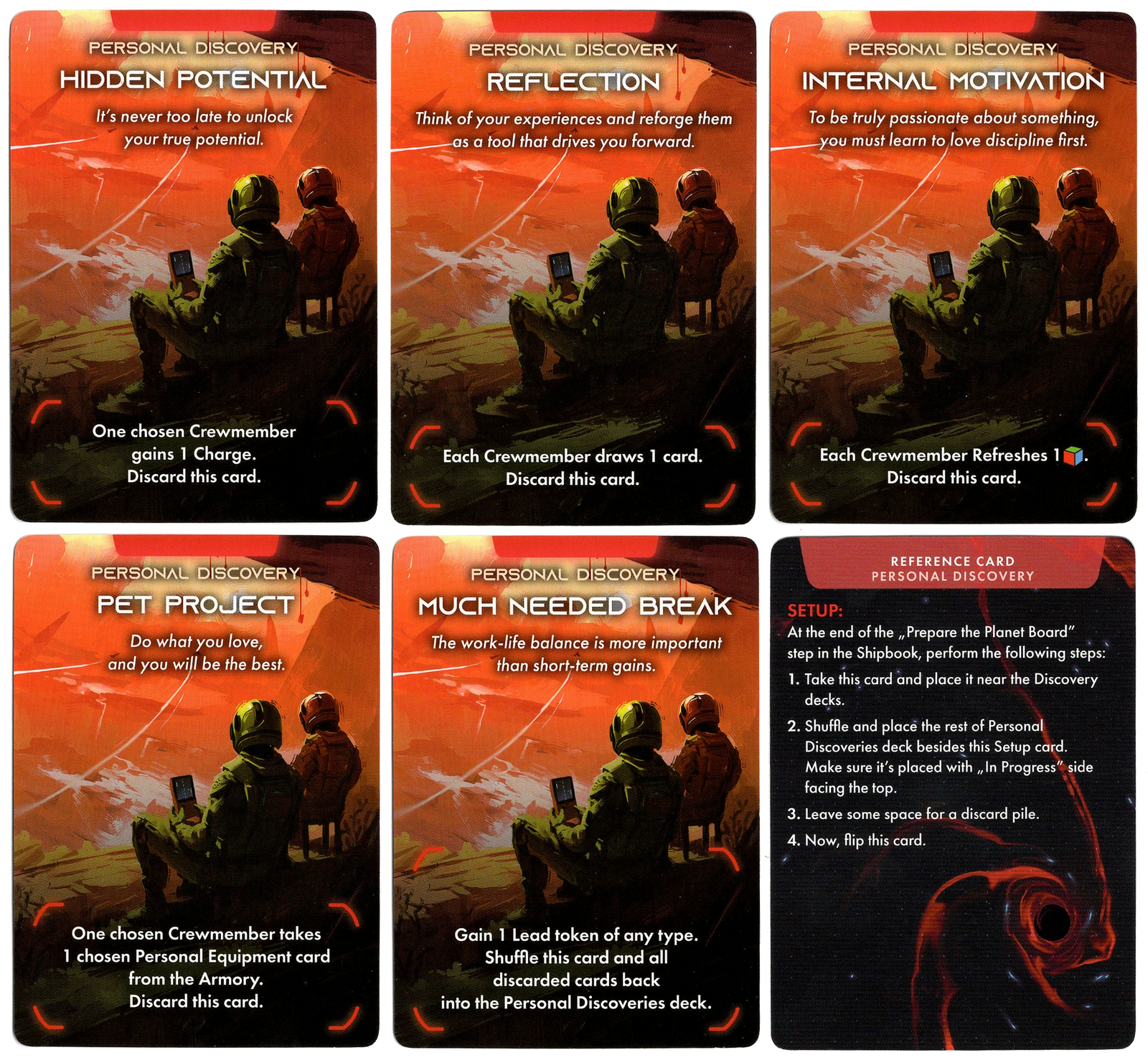 An overhead view of the six cards from the Personal Discovery Promo Cards, for use in the board game ISS Vanguard. Five of the six cards have the same illustration of two, seated figures in spacesuits looking out over a red landscape. The sixth card depicts space with stars and a red, swirling portal. All six cards have text with the card's name at the top and a description of the card's ability in the game in the center and bottom.
