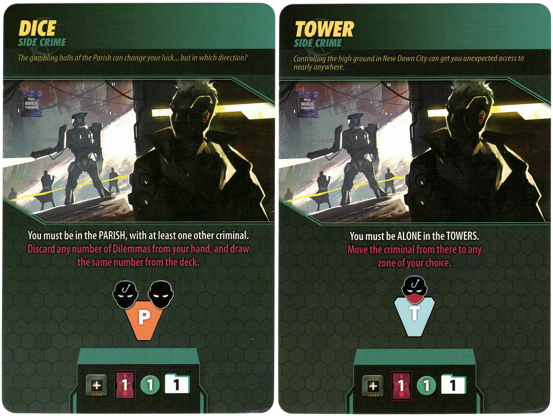 A set of two cards for use with the board game In Too Deep, each depicting an identical illustration in the center, are label "Dice" and "Tower" at the top, and display symbols that describe the cards' abilities in the game at the bottom.