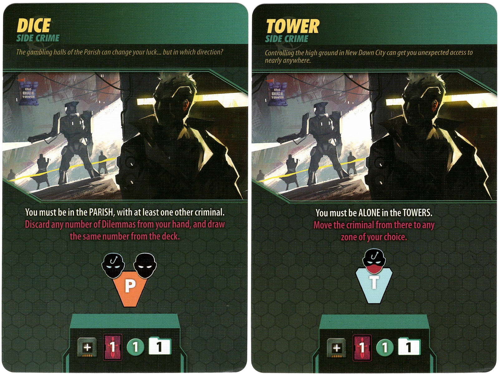 A set of two cards for use with the board game In Too Deep, each depicting an identical illustration in the center, are label "Dice" and "Tower" at the top, and display symbols that describe the cards' abilities in the game at the bottom.