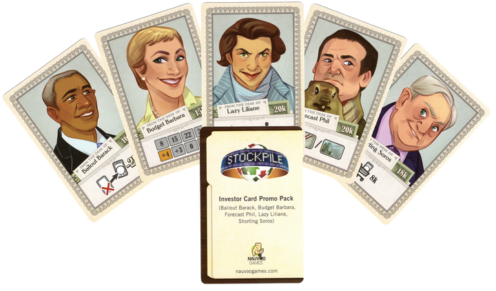 A collection of promo cards for use with the board game Stockpile, showing cartoon depiction of people's faces with a their name underneath.