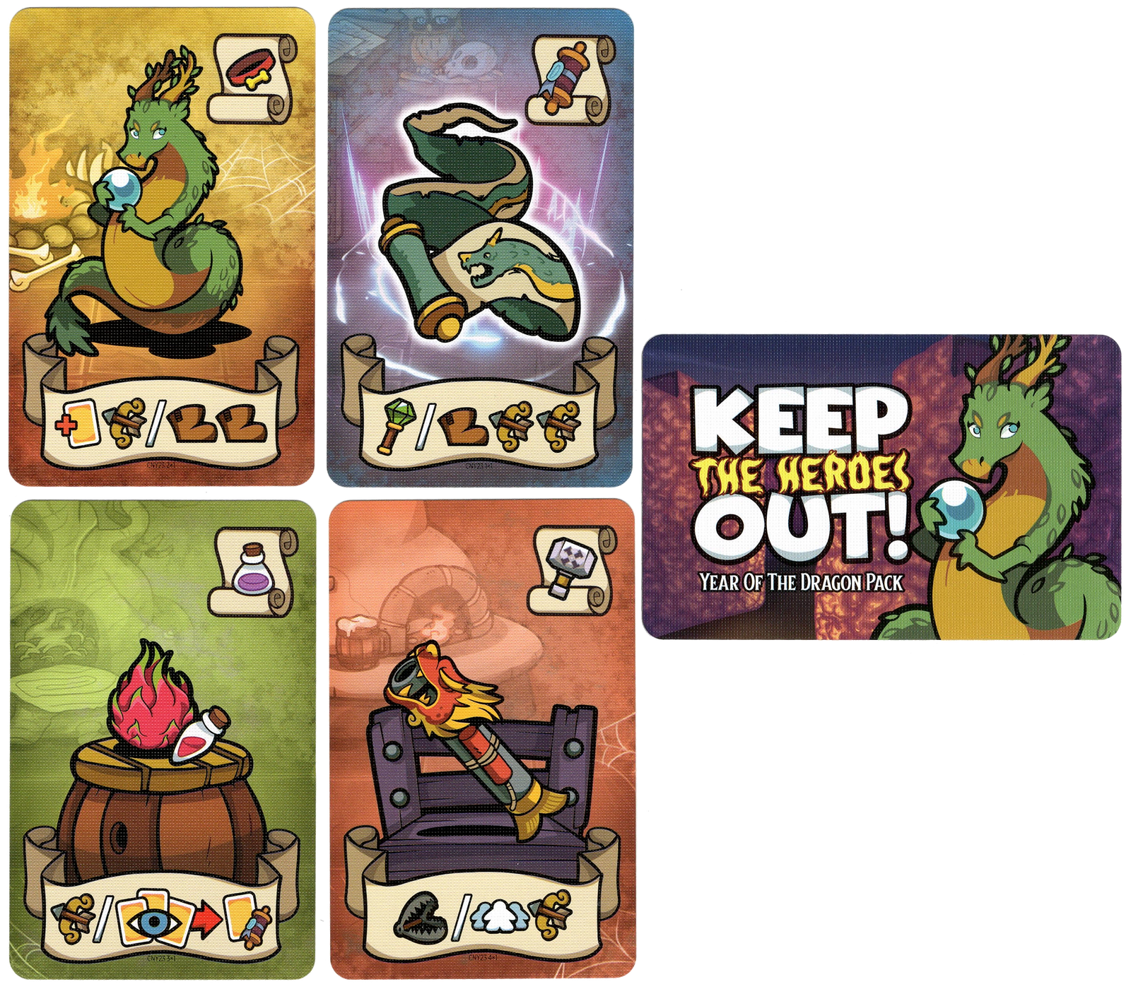 A set of five cards that comprise the Year of the Dragon promo pack for use in the board game Keep The Heroes Out!. Four of the card show a cartoon illustration of a fantasy item of creature, with a banner of symbols at the card's bottom. The final card at the game's title and the promo's title.