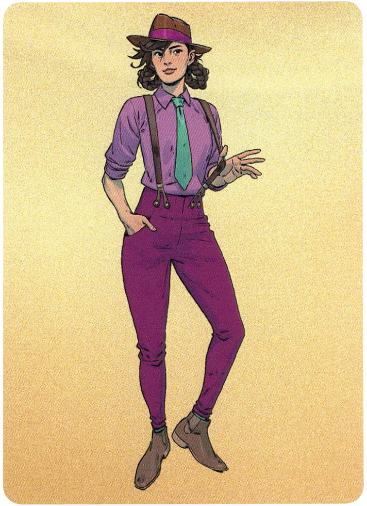 A photo of a single promo card for use with the board game Kinfire Chronicles: Night's Fall. The card features an illustration of a female in purple pants, a light purple dress shirt, a light green tie, suspenders, and a fedora, all on a light yellow background.