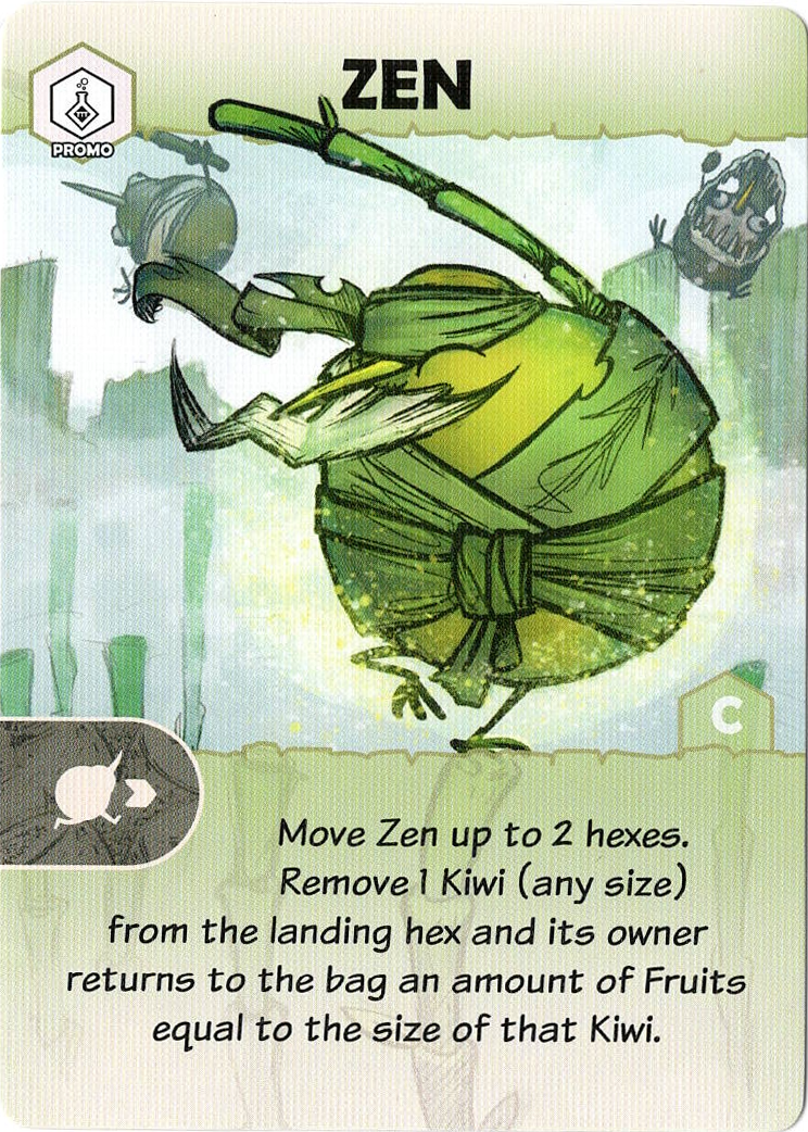 A single promo card called Zen for use in the board game Kiwi Chow Down. The card has its title printed at the top, an illustration of a round, green kiwi bird with a blindfold and body wrap, and text describing the card's ability in the game at the bottom. 