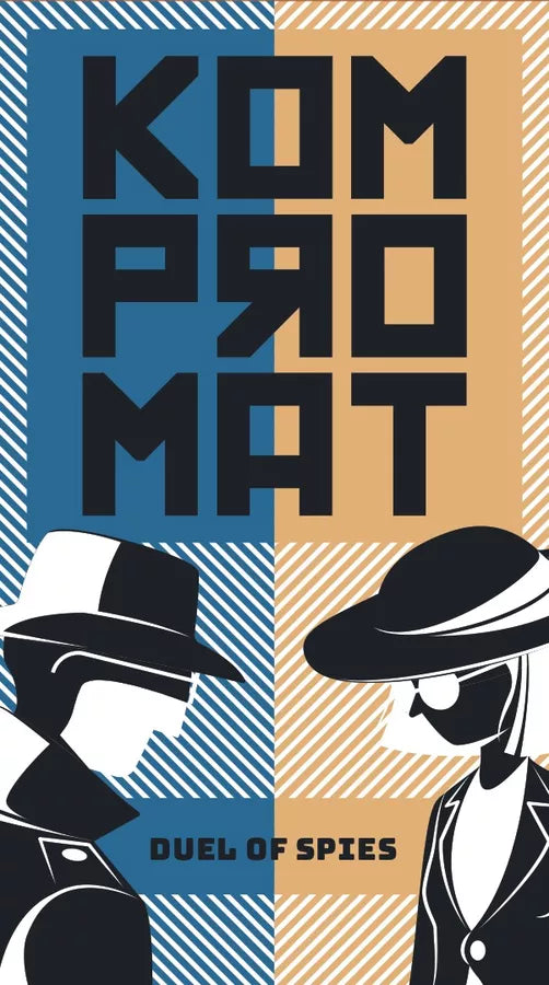 A photo of the box cover from board game Kompromat. The image is half blue and half orange, with a stylized, black and white illustration of a man and woman on each side.