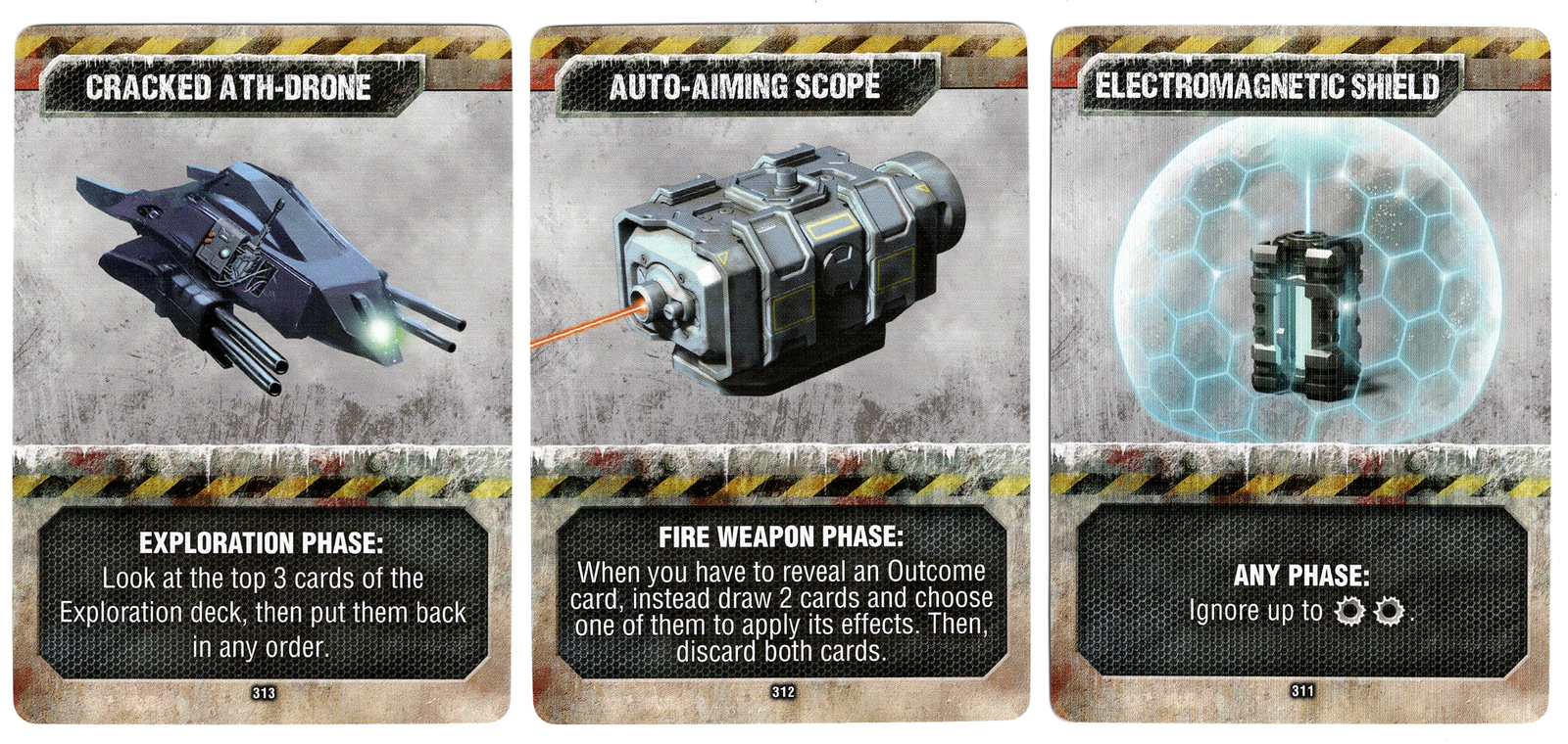A set of three cards for use with the board game Last Aurora pictured side by side on a white background. Each card has a title at the top, an illustration of a metal device in the middle, and text describing the card's ability in the game at the bottom.