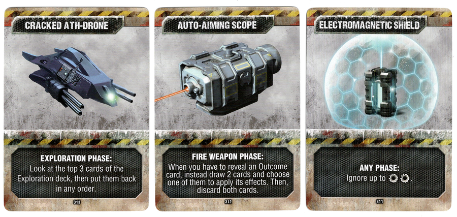 A set of three cards for use with the board game Last Aurora pictured side by side on a white background. Each card has a title at the top, an illustration of a metal device in the middle, and text describing the card's ability in the game at the bottom.