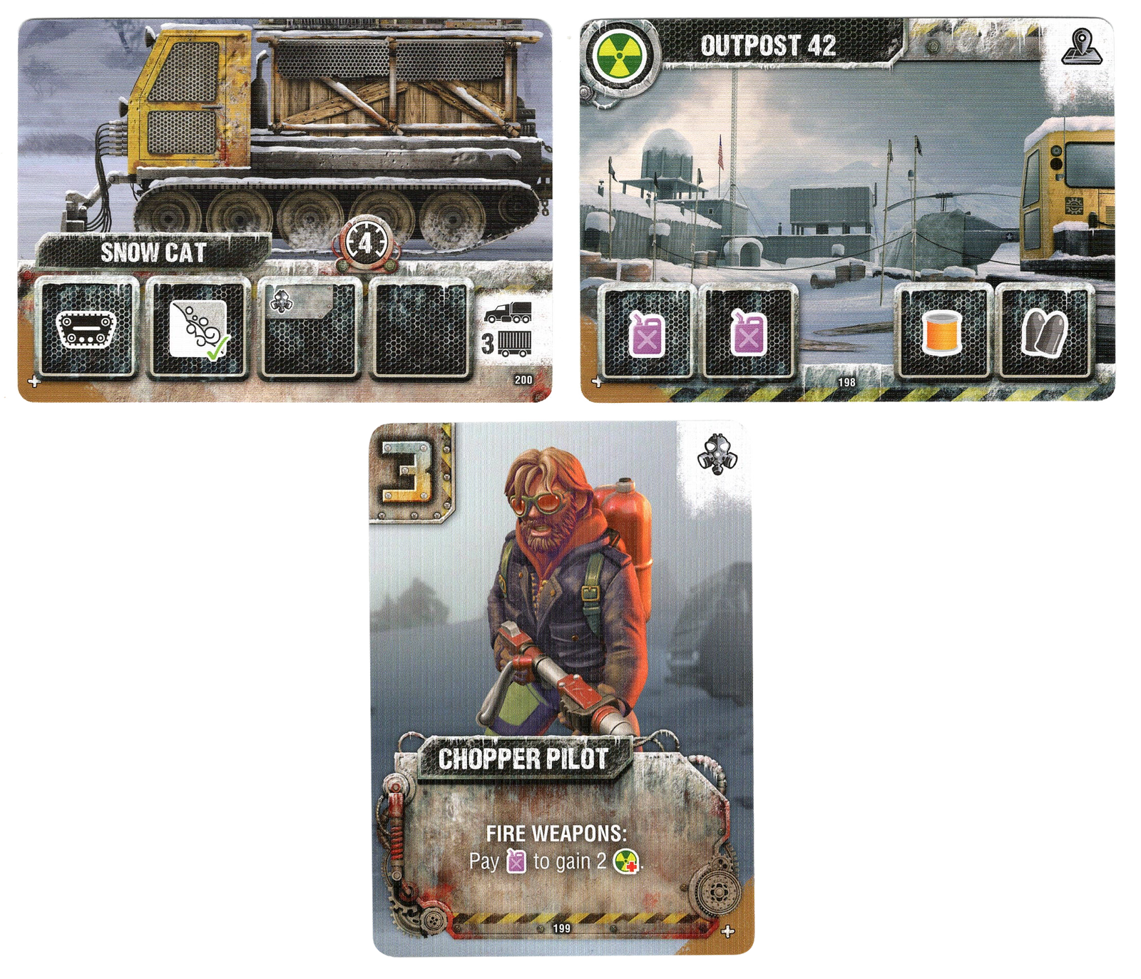 A set of three promo cards for use with the board game Last Aurora, featuring an illustrations at the top, the card's title underneath the image, and symbols that depict the card's ability in the game at the bottom.