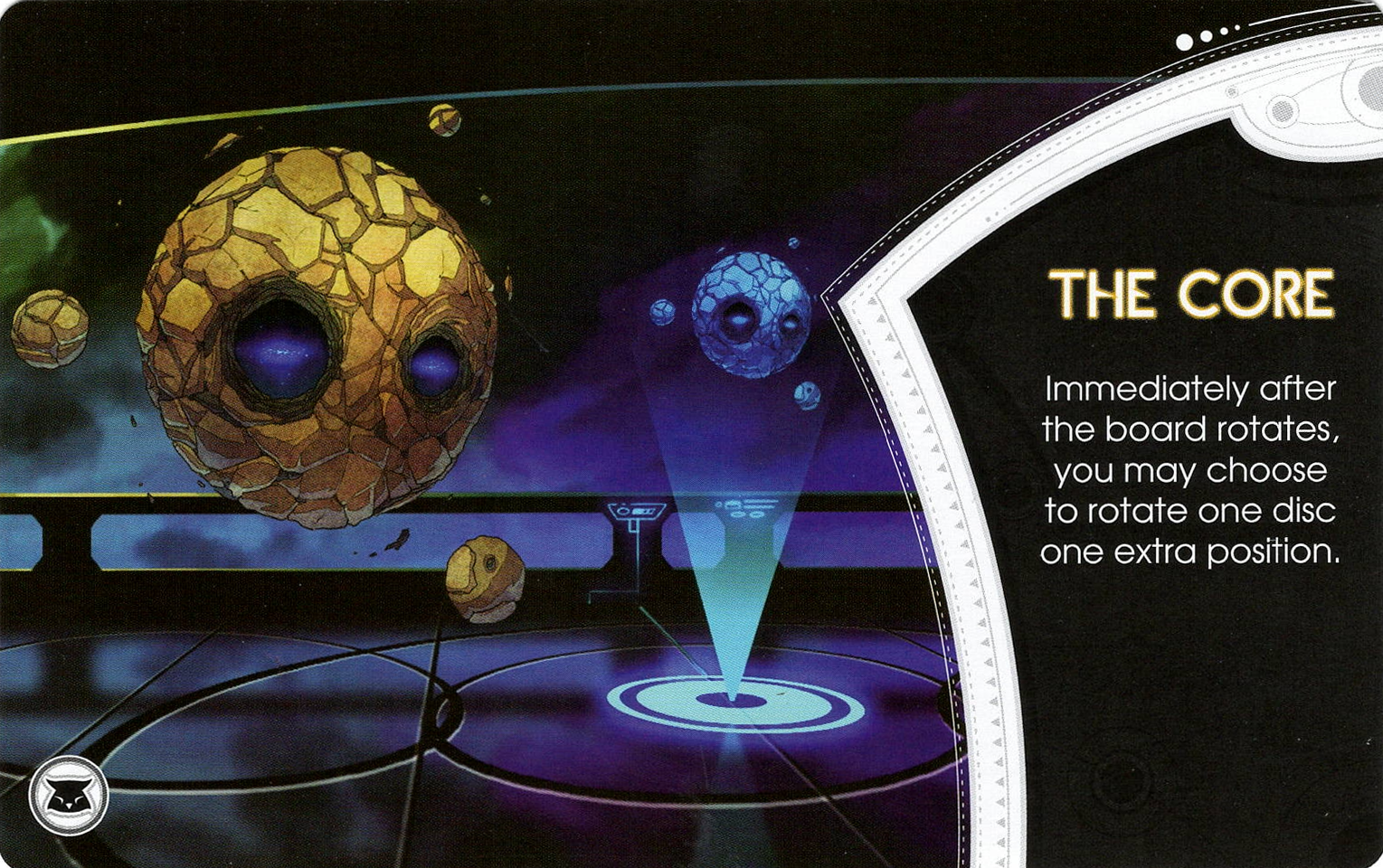 A single promo card entitled "The Core" for use with the board game Last Light. The card has an illustration of a floating, rock-like sphere on the deck of a spaceship on the left, and the card's title and description of its abilities in the game on the right.