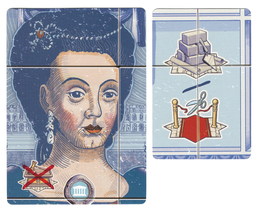 A photo of two cards for use with the board game Lisboa. On the left the card the card displays an illustration of Mariana Vitoria. On the right, the top half of the card has an illustration of bricks and mortar and on the bottom a pair of scissors cutting an entryway ribbon.