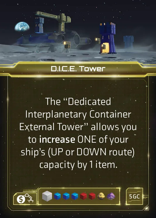 A photo of a single promo card for use with the board game Lunar Rush. At the top of the card is a picture of a large ship depositing blue towers on the surface of the moon with Earthrise visible in the background. The middle of the card is a text description of the card's ability in the game, and the game displays symbols used in game play.