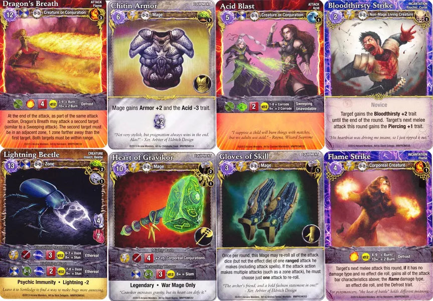 A set of eight cards for use with the board game Mage Wars: Arena and Mage Wars: Academy. Each card has the card's title at the top, an illustration in the middle, and text and/or symbols at the bottom that describe the card's ability in the game.