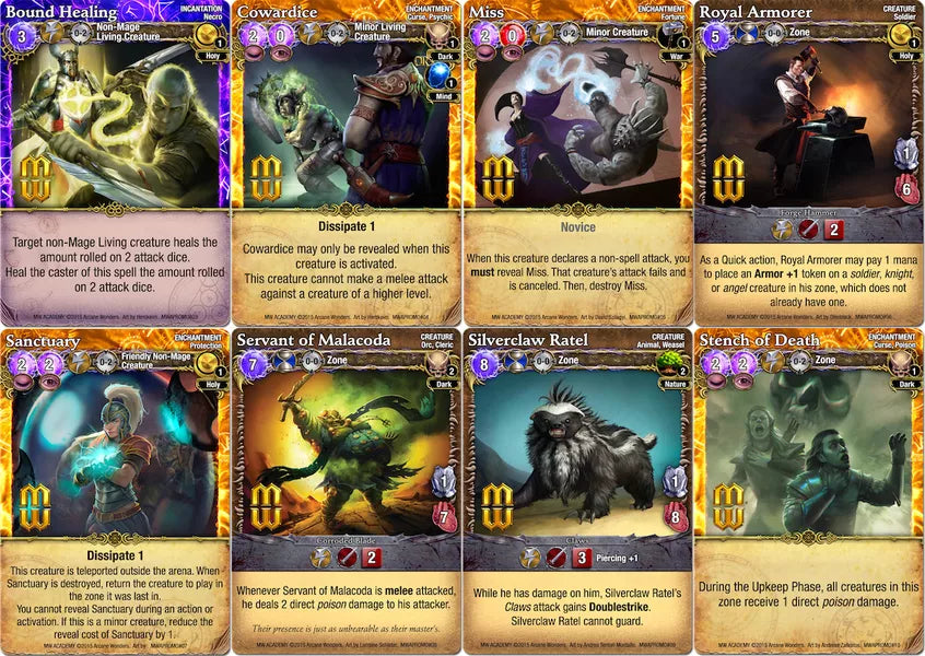 A set of eight cards for use with the board game Mage Wars: Arena and Mage Wars: Academy. Each card has the card's title at the top, an illustration in the middle, and text and/or symbols at the bottom that describe the card's ability in the game.