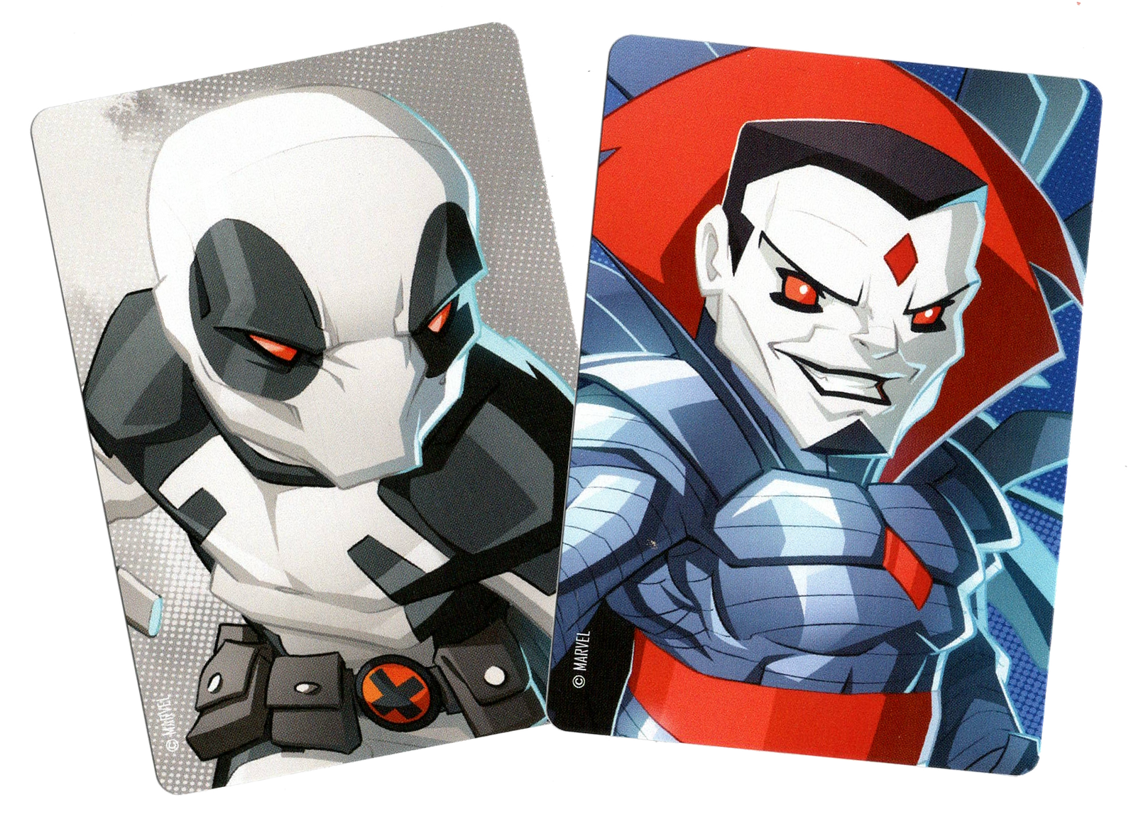 A photo of the backs of two cards from the board game Marvel United. The card on the left displays a cartoon version of the character Deadpool in a white and black jumpsuit and hood, red eyes, and a belt with various pouches. The card on the right displays a cartoon version of Mister Sinister, with a metal suit, tall red collar, white skin, and a red jewel in the center of his forehead.