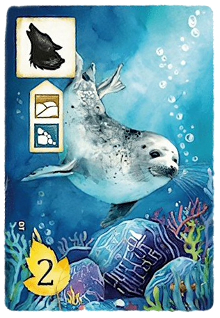 A single card for use with the board game Meadow, featuring an illustration of a seal underwater, and symbols that describe the card's ability in the upper left corner.