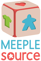 The logo and wordmark for the company Meeple Source: a cube with a shirt, heart, and meeple on each side and the name of the company beneath it.