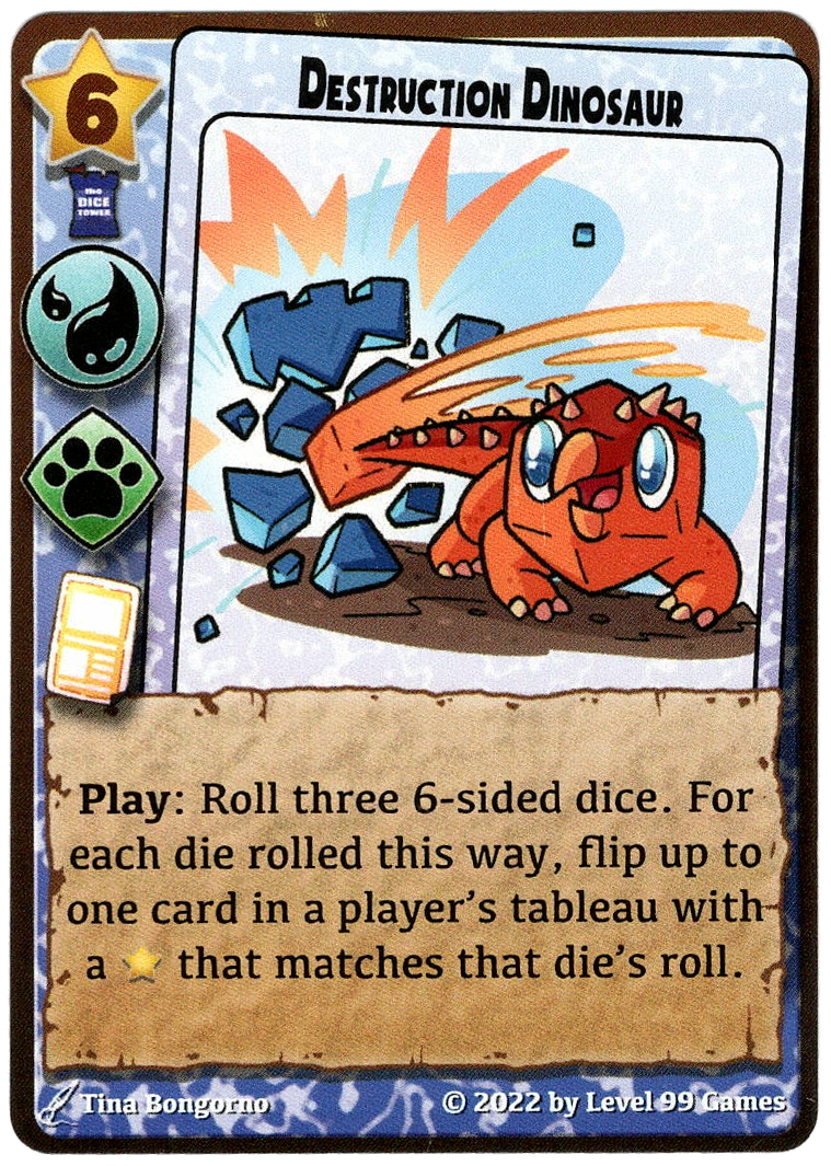 A single card for use with the board game Millennium Blades, featuring an illustration of a red dinosaur knocking a rock to pieces with its tail, and text describing the card's ability in the game at the bottom.
