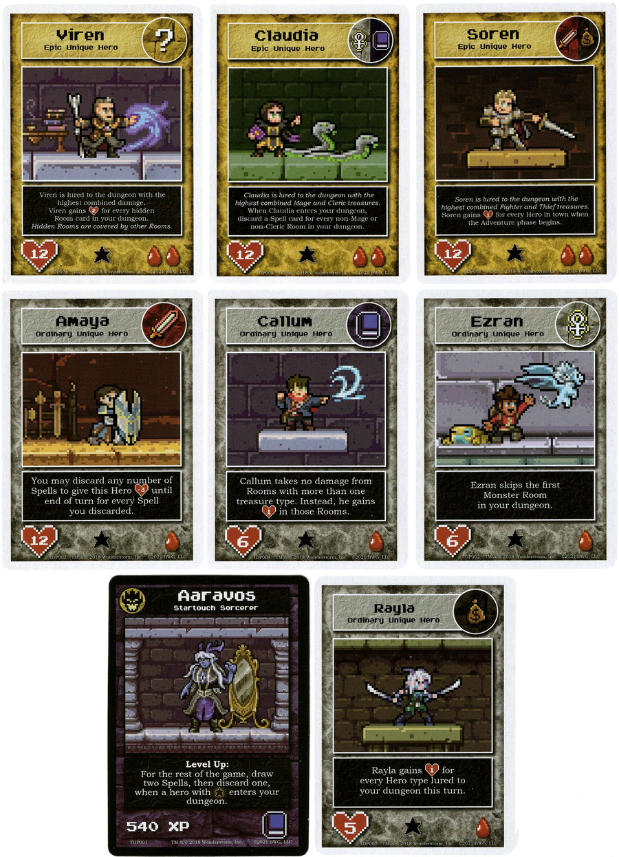 A set of eight cards for use with the board game Boss Monster. Each card has an 8-bit video game illustration in the center, the card's title at the top, and text that describes the cards' abilities in the game at the bottom.