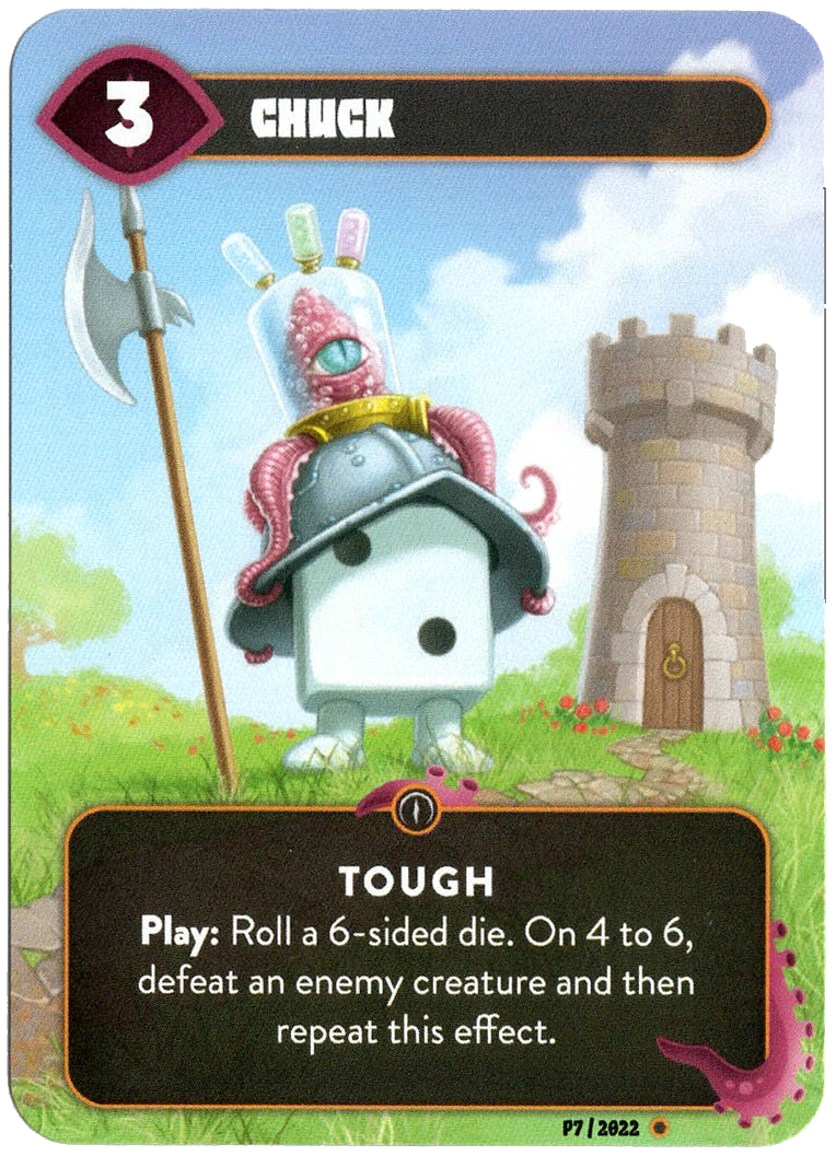 A single card for use with the board game Mindbug: First Contact. This card has the name Chuck at the top, a picture of a six-sided dice wearing a steel helmet, carrying a halberd, with a tentacled space monster sitting on top of the helmet. A box with text describing the card's ability in the game is at the bottom of the card.
