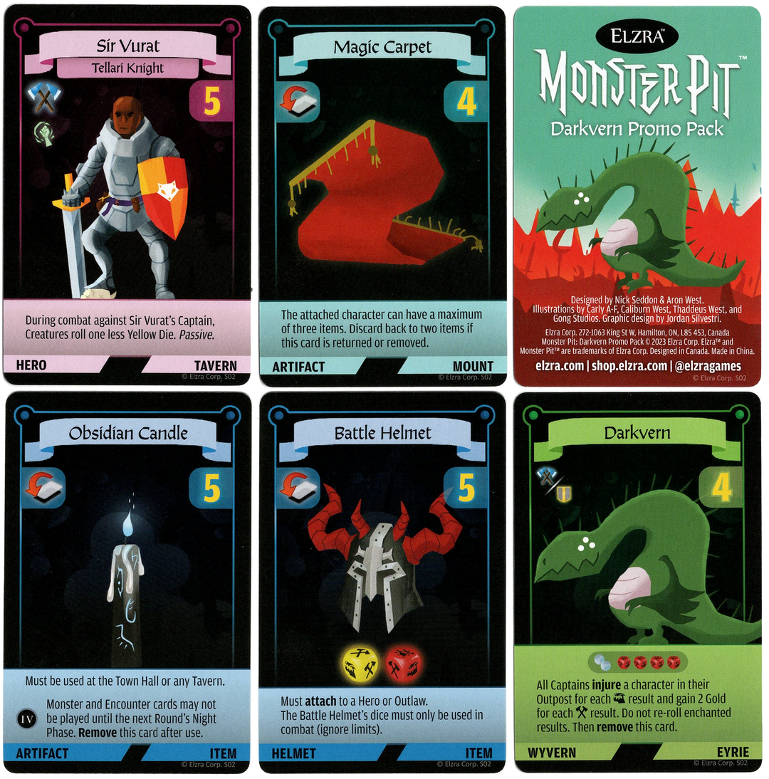 A set of six cards arranged in a 2x3 grid on a white background, for use with the boardgame Monster Pit. The card in the top right is a cover image card with the promo's title, game title, and publishing information at the bottom. The other five card feature a title at the top, an illustration on a black background in the center, and text describing the card's ability in the game at the bottom.