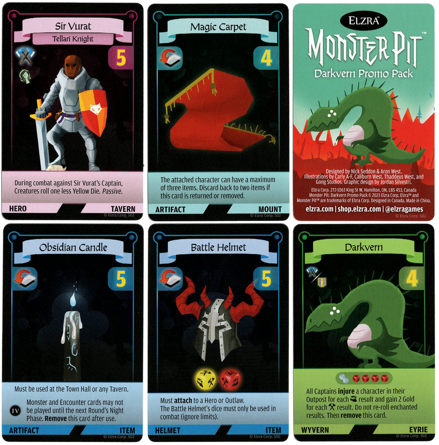 A set of six cards arranged in a 2x3 grid on a white background, for use with the boardgame Monster Pit. The card in the top right is a cover image card with the promo's title, game title, and publishing information at the bottom. The other five card feature a title at the top, an illustration on a black background in the center, and text describing the card's ability in the game at the bottom.