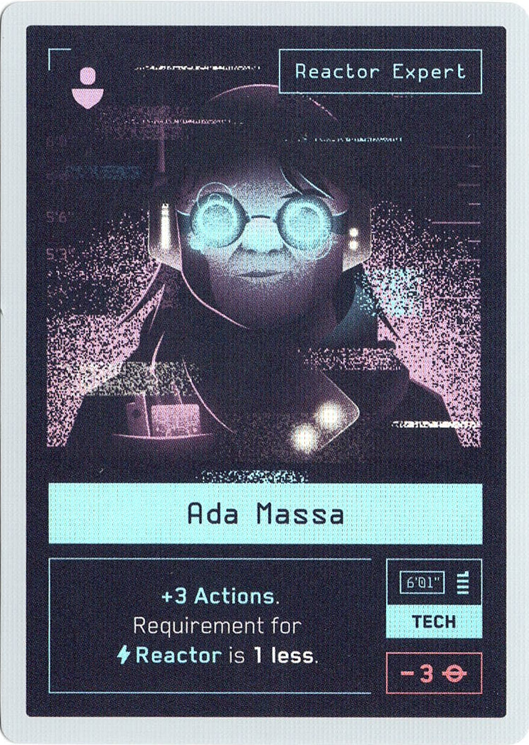 A single promo card entitled Ada Massa, for use in the board game Moonrakers. The card has a larger illustration of a figure with glowing eye glasses on the top half, the card's title just below, and a combination of text and symbols that describe the card's ability in the game at the bottom.