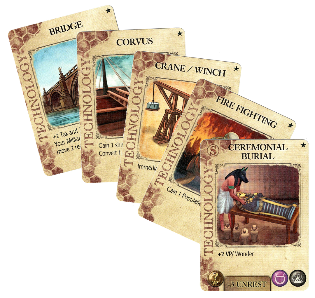 A set of five cards for use with the board game Mosiac, titled" Ceremonial Burial, Fire Fighting, Crane / Winch, Corvus, and Bridge. Each card at its name at the top, and illustration in the center, and a combination of text and symbols at the bottom.
