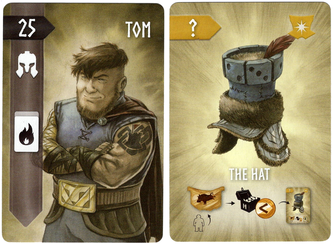 Two cards for use with the game Nidavellir against a white background. The left card has an illustration of a white, muscled man with tattoos, the name "Tom" printed in the top right, and a banner and numbers and symbols on the left. The right card displays an illustration of a hat made from a baseball cap, fur, a tower, dice, a feather, and ear flaps, with symbols that describe that card's ability in the game at the bottom.