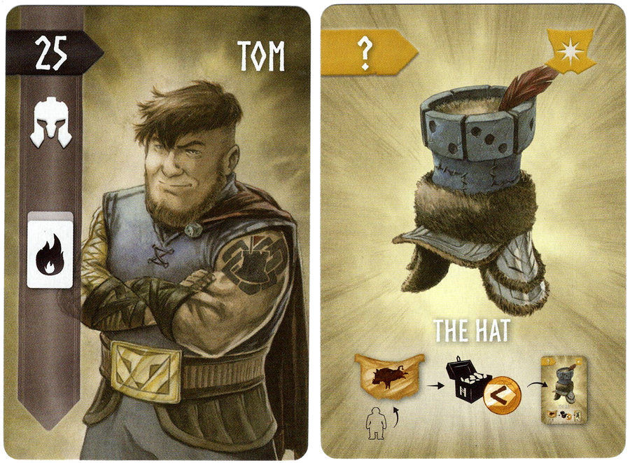 Two cards for use with the game Nidavellir against a white background. The left card has an illustration of a white, muscled man with tattoos, the name "Tom" printed in the top right, and a banner and numbers and symbols on the left. The right card displays an illustration of a hat made from a baseball cap, fur, a tower, dice, a feather, and ear flaps, with symbols that describe that card's ability in the game at the bottom.