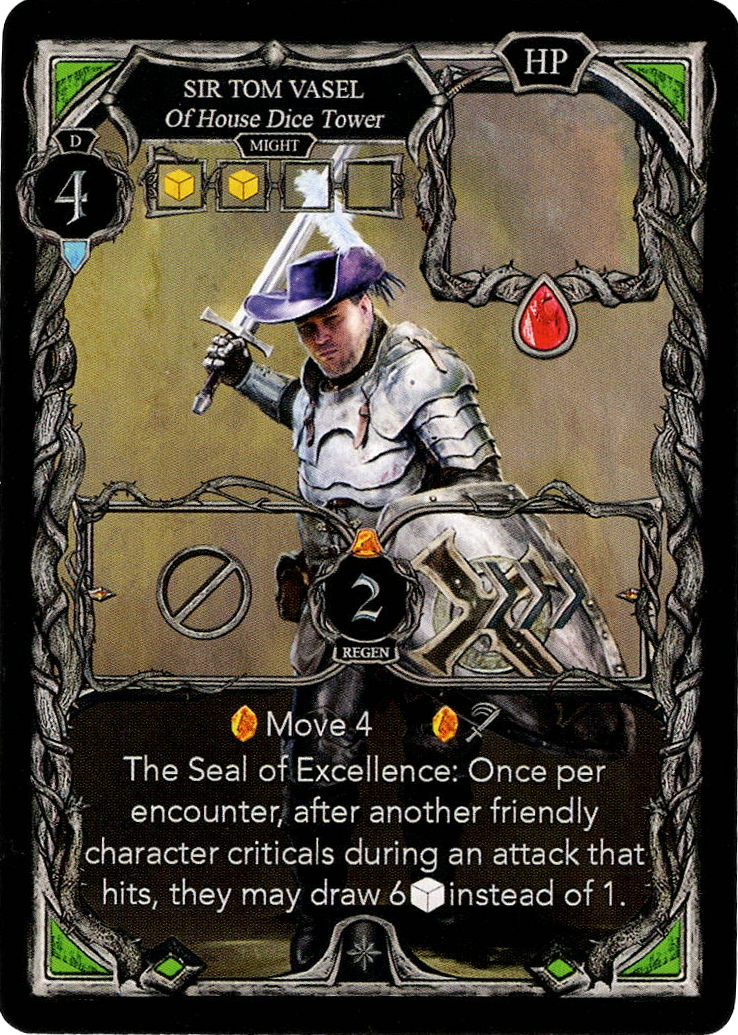 A single card for use with the board game Oathsworn. The card's title is printed a the top, an illustration of a white man in metal armor, a purple fedora, and holding a sword is in the middle, and text describing the card's ability in the game is at the bottom.