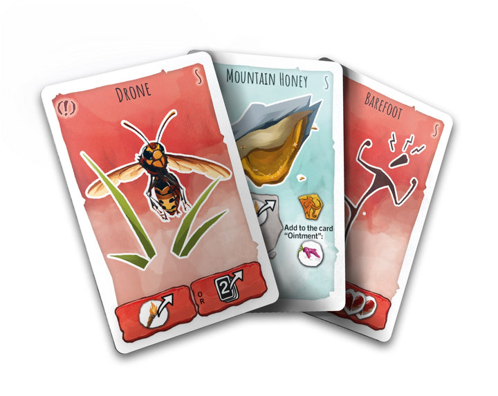 A set of three cards from the promo The Hornets, for use with the board game Paleo. Each card has a title at the top, an illustration in the middle, and symbols at the bottom.