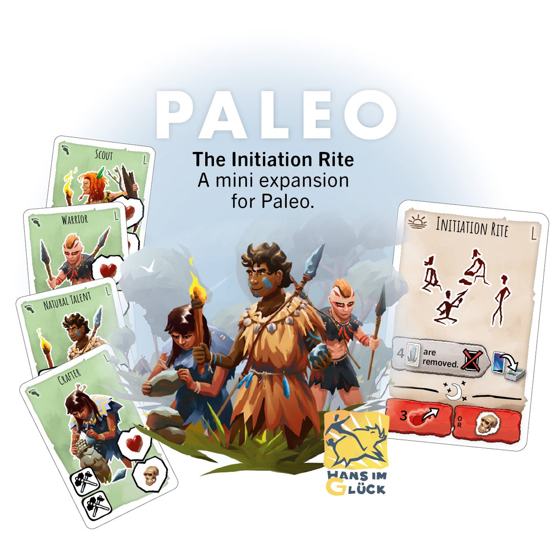 A composite image that shows some of the card fronts from the promo The Initiation Rite, for use with the board game Paleo. The center image shows three figures in neolithic dress with weapons. Around the cards are various cards from the promos, each labeled with the card's name at the top, an illustration in the middle, and symbols at the bottom.