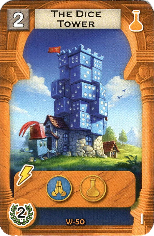 A single promo card titled The Dice Tower, for use in the board game The Path of Civilization. The card's title is printed at the top, an illustration of a blue tower made from six-sided dice in the center, and symbols depicting the card's ability in the game at the bottom.