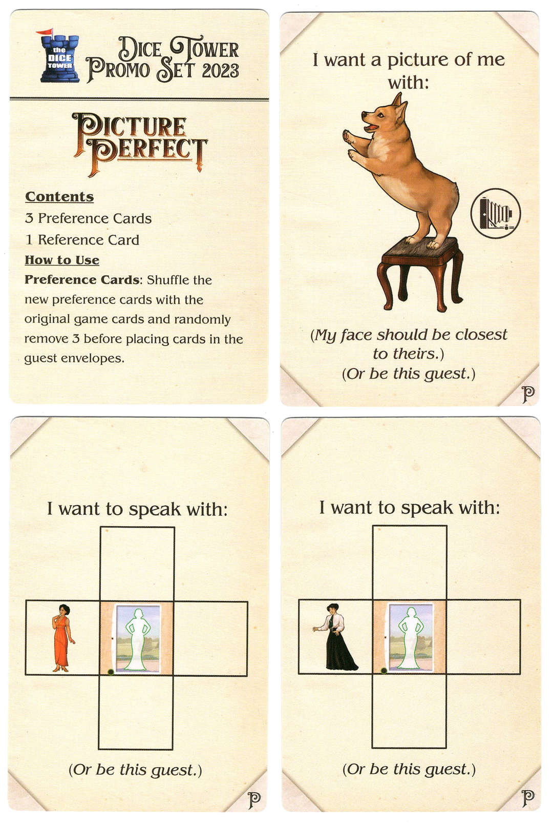 A set of four cards arranged in a 2x2 square on a white background, for use with the board game Picture Perfect. The top left card is an instruction sheet for the other three cards. The top right card has an illustration of a dog on its hind legs balancing on top of a stool. The bottom two cards each have a diagram of five squares and an illustration of a female figure inside one square.