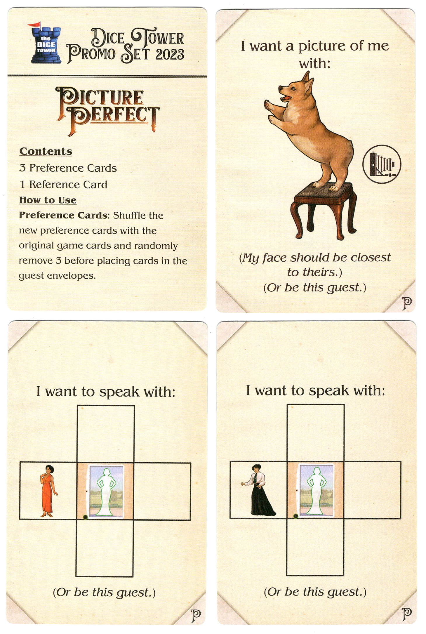 A set of four cards arranged in a 2x2 square on a white background, for use with the board game Picture Perfect. The top left card is an instruction sheet for the other three cards. The top right card has an illustration of a dog on its hind legs balancing on top of a stool. The bottom two cards each have a diagram of five squares and an illustration of a female figure inside one square.