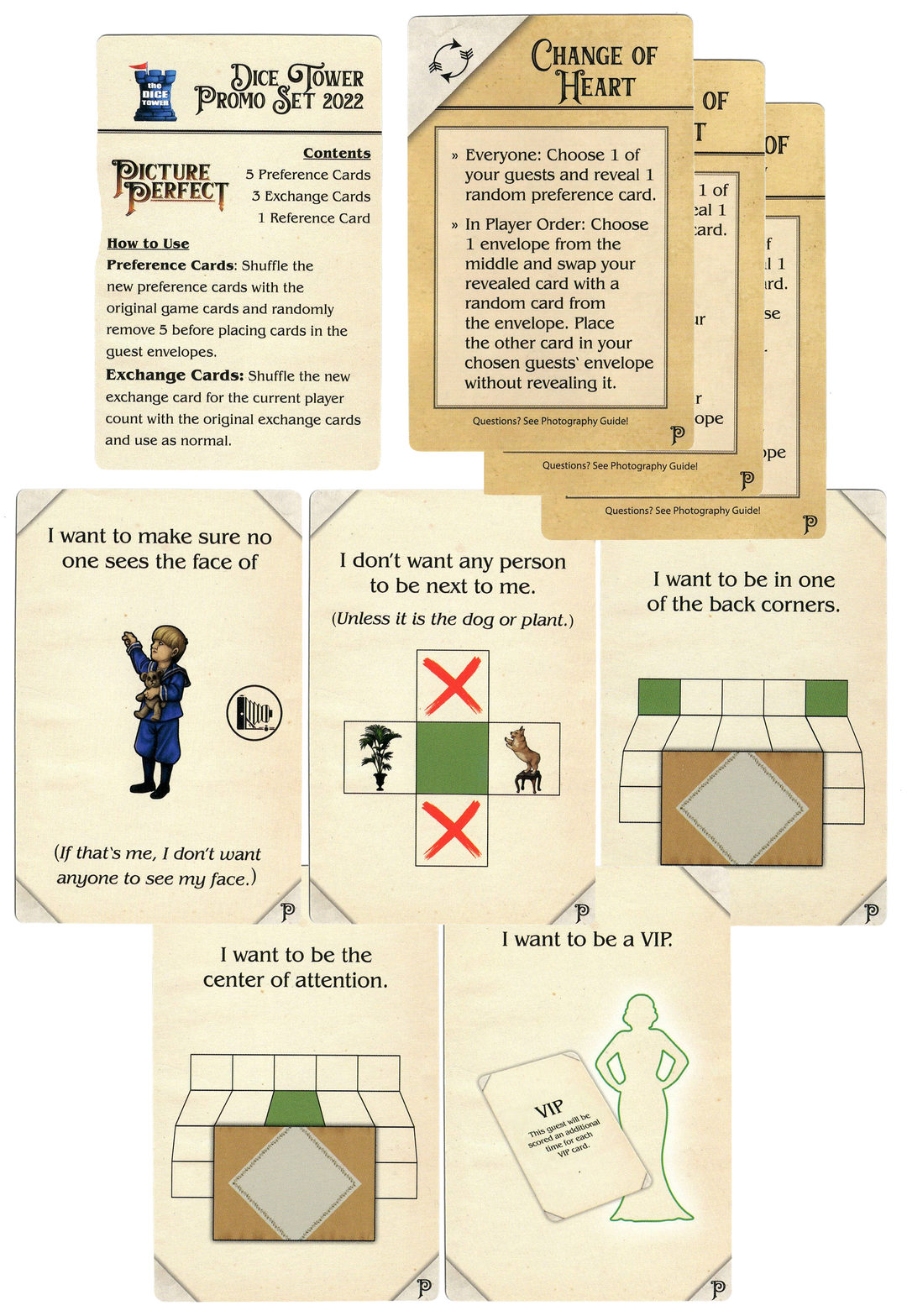 A set of nine promo cards for use with the board game Picture Perfect. One card has the title of the promo and instructions in its use. Three of the cards display only text and are stacked together. The remaining five cards display a combination of pictures and text that define a logic rule for one character in the game.
